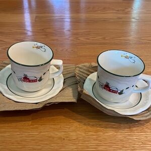 Pfaltzgraff Snow Village 3 Flat cups & Saucer Sets Never used vintage.